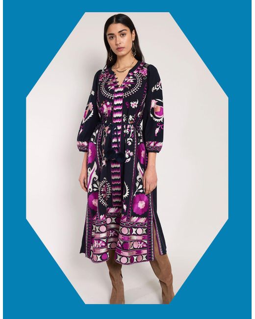 Monsoon Blue East Embroidered Midi Dress Multi