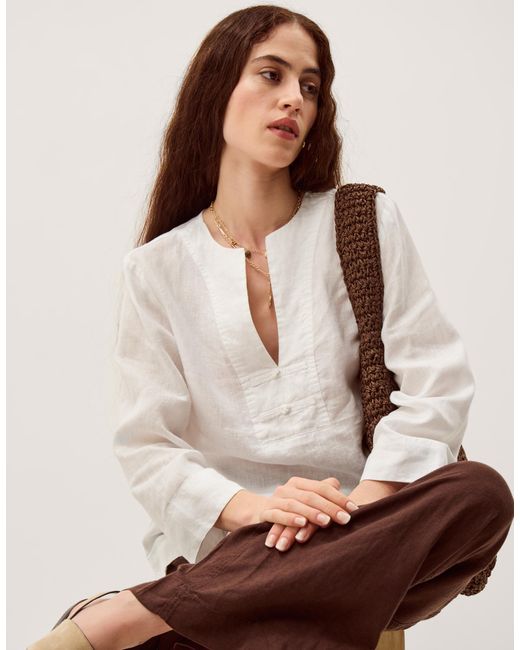 Monsoon Natural Alexis Knot Button Linen Top White