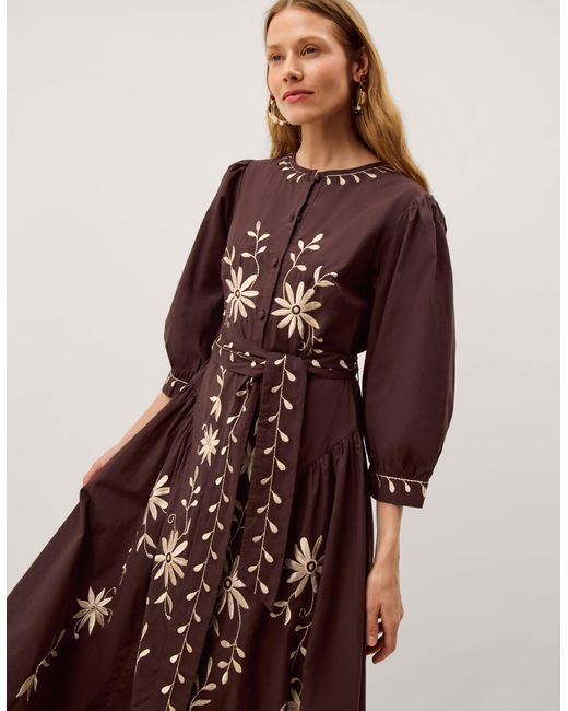 Monsoon Eloise Floral Embroidered Midi Dress Brown
