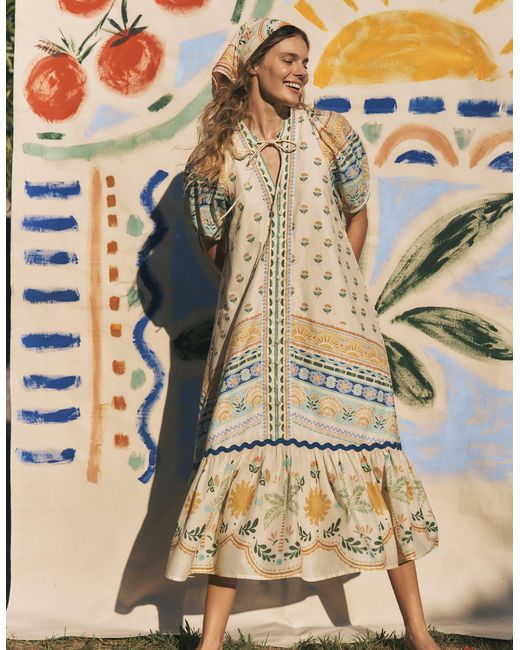 Monsoon Blue X Charlie Taylor Printed Puff Sleeve Midi Dress Ivory