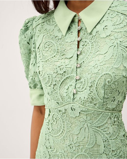 Monsoon Bridget Puff Sleeve Lace Midi Dress Green