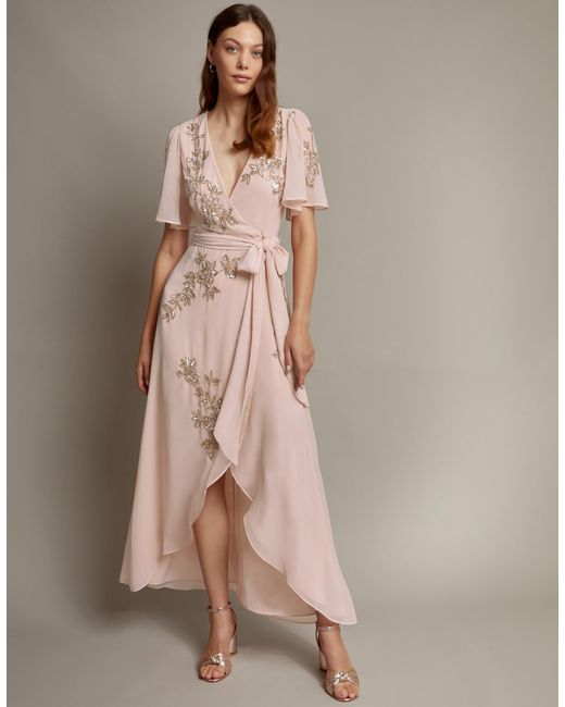 Monsoon Brown Sarah Embellished Wrap Dress Pink