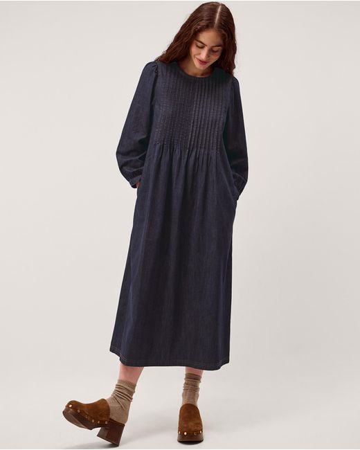 Monsoon Remy Pintuck Denim Midi Dress Blue