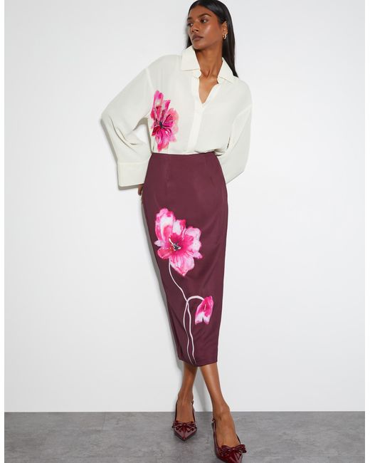 Monsoon Elizabeth Floral Midi Skirt Red