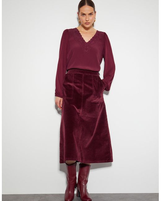 Monsoon Malika Corduroy Midi Skirt Red