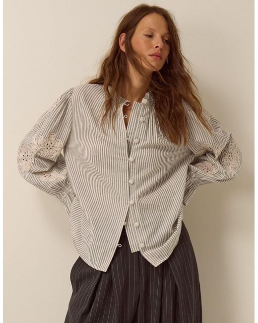 Monsoon Brown Iris Cornelli Embroidered Stripe Shirt Ivory