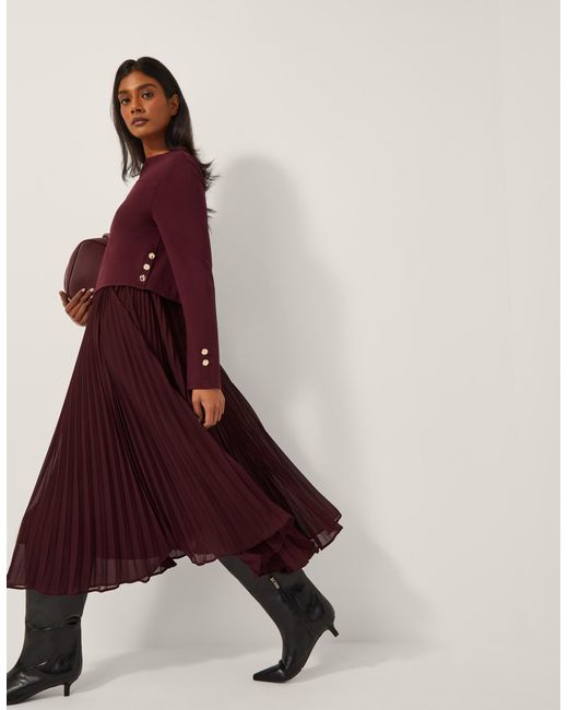 Monsoon Red Penny Long Sleeve Pleated Midi Dress Purple