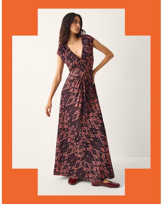 Monsoon White La Galeria Elefante Women's Brown & Red Diamond Ruched Maxi Dress, Size: 8