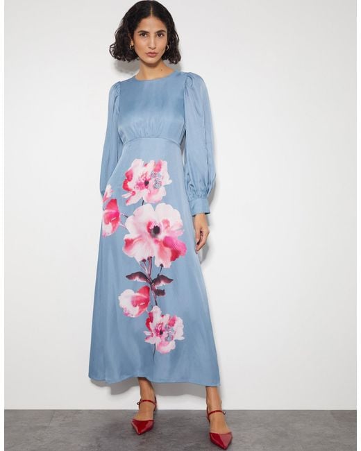 Monsoon Sia Satin Floral Maxi Dress Blue