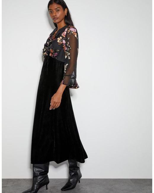Monsoon White Ariella Floral Devore Velvet Midi Dress Black