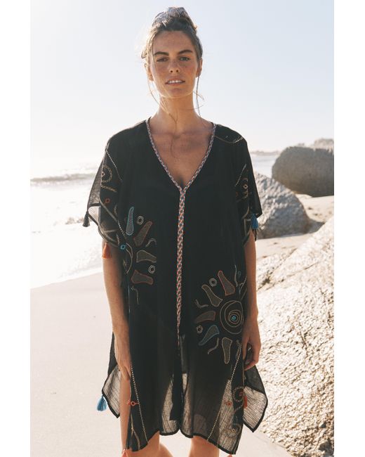 Monsoon Pelia Embroidered Tassel Mini Kaftan Black