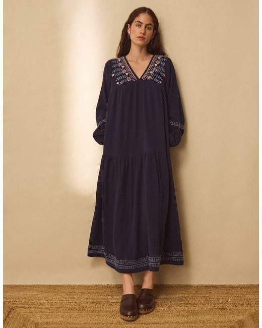 Monsoon East Carita Hand-embroidered Maxi Dress Blue