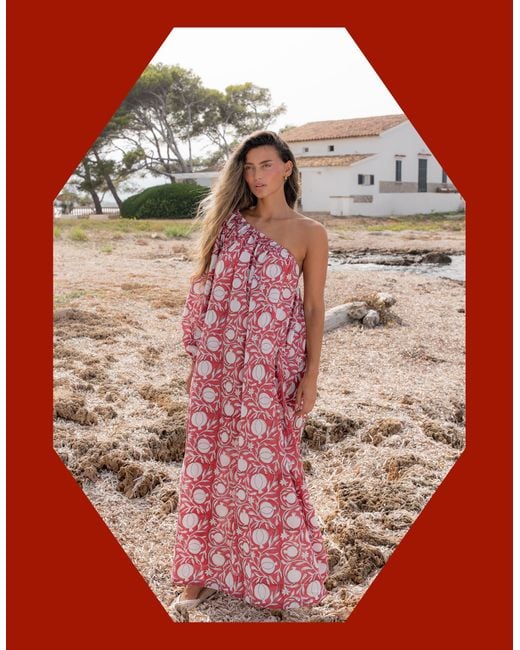 Monsoon Red Pitusa One Shoulder Block Print Maxi Dress