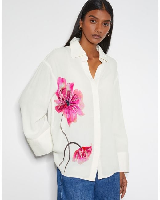 Monsoon White Fleur Embroidered Flower Shirt Ivory
