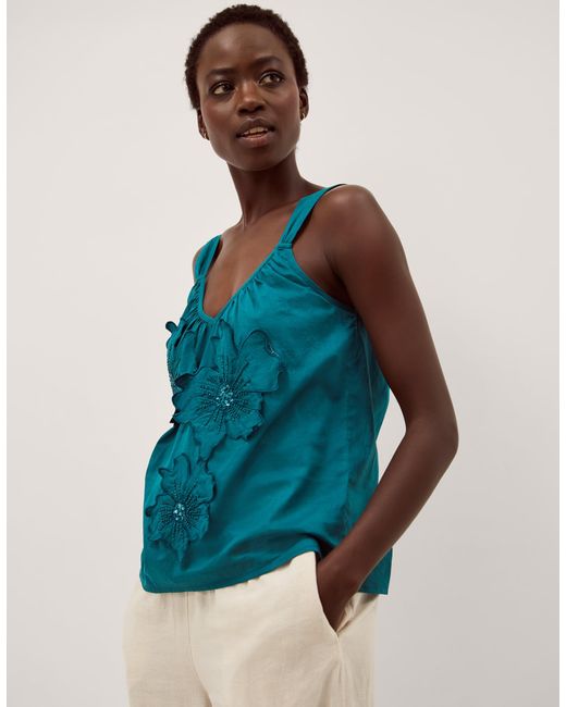 Monsoon Blue Rosalie Sleeveless Floral Embellished Top Teal