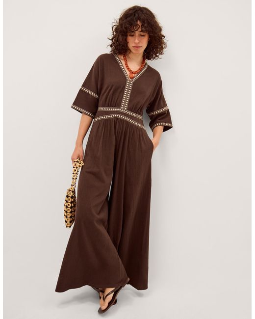 Monsoon Brown Taryn Floral Trim Jersey Jumpsuit