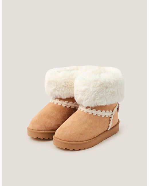 Monsoon Crochet Bow Fluffy Ankle Boots Natural