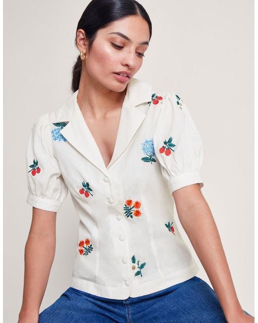 Monsoon White Piera Embroidered Blouse Ivory