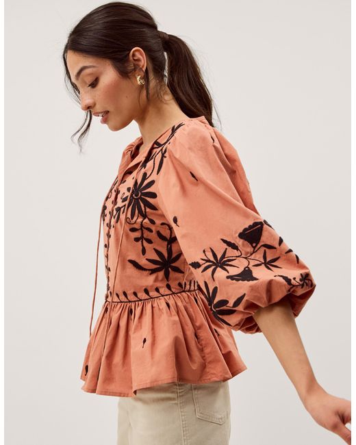 Monsoon Brown Freya Puff Sleeve Embroidered Top Orange