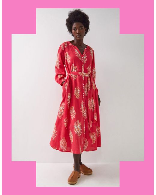 Monsoon Pink East Floral Print Belted Midi Dress Red
