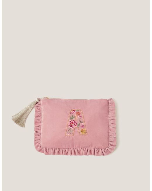 Monsoon Flower Initial Velvet Pouch Pink