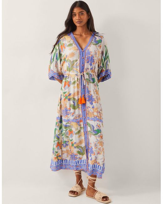 Monsoon White Kaia Tropical Kaftan Midi Dress Ivory