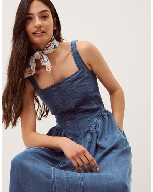 Monsoon Delia Square Neck Denim Midi Dress Blue