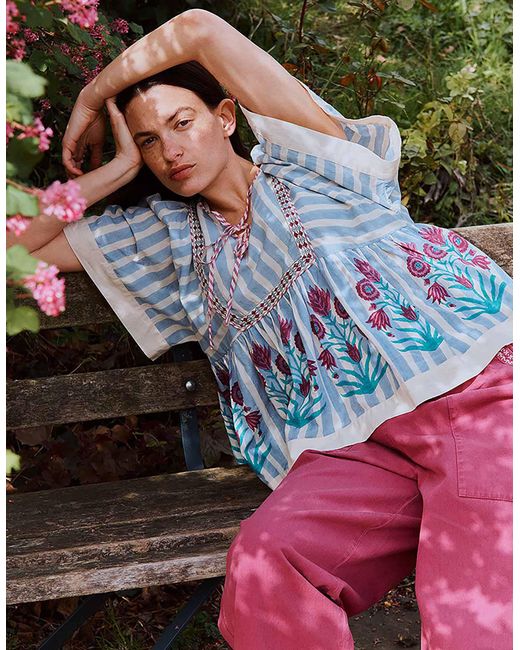 Monsoon East Rylea Printed Cotton Top Blue