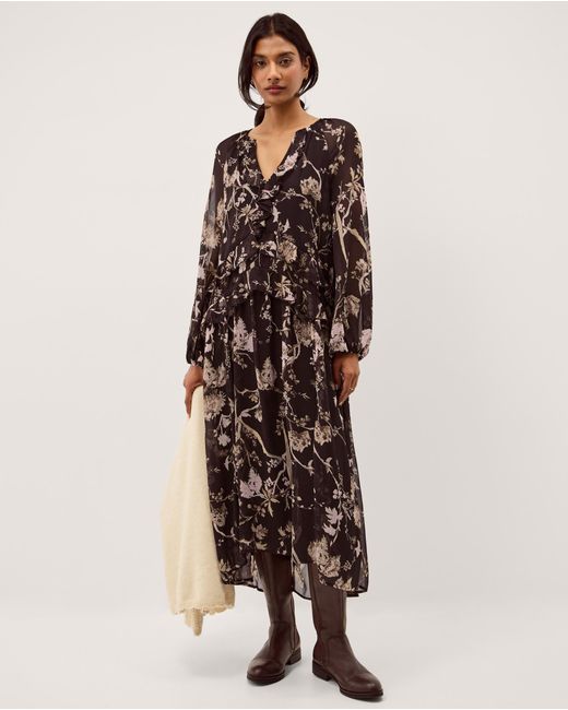Monsoon Natural Jada Floral Print Ruffle Midi Dress Brown