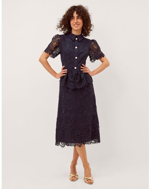Monsoon Alice Lace Peplum Midi Dress Blue