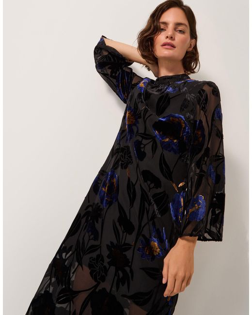 Monsoon Black Giselle Sheer Floral Devoré Midi Dress Blue
