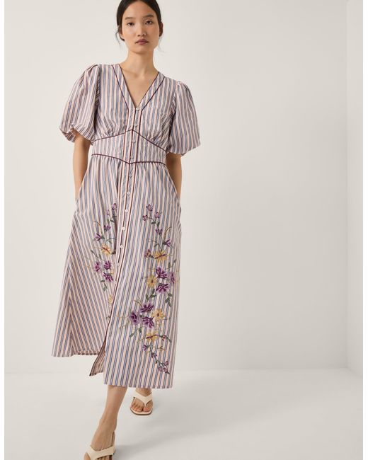 Monsoon Alexis Embroidered Stripe Midi Dress Pink