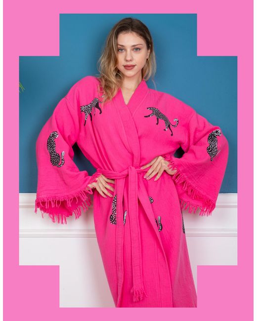 Monsoon Meraki Beach Wild Leopard Kimono Robe Pink