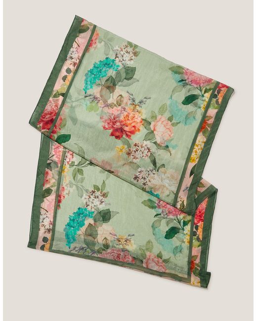Monsoon Green Elinora Floral Print Silk Scarf