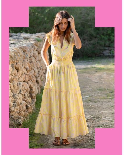 Monsoon La Galeria Elefante Women's Yellow & Pink Floral Print Midi Dress, Size: S