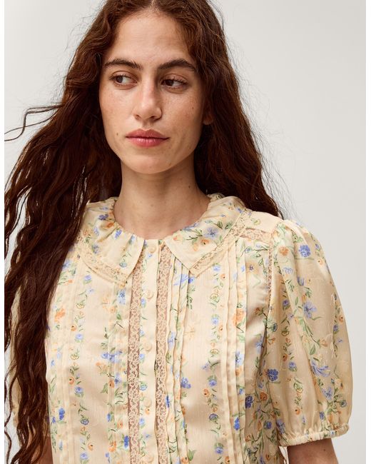 Monsoon Natural Naomi Puff Sleeve Floral Lace Blouse Yellow