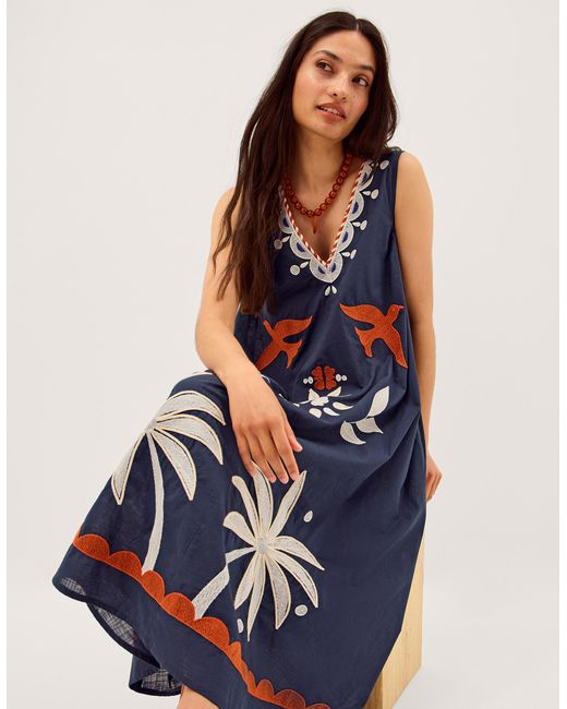 Monsoon Eloise Tropical Embroidered Midi Dress Blue