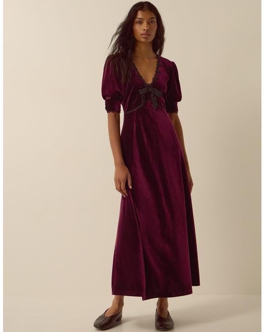Monsoon Vera V-neck Velvet Midi Dress Red