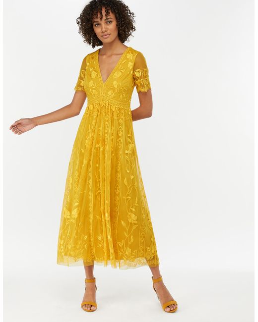 Monsoon Valentina Embroidered Midi Dress in Yellow | Lyst UK