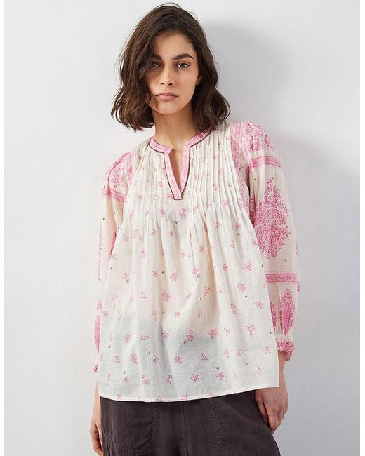 Monsoon White East Kai Hand-screen Printed Floral Top Pink