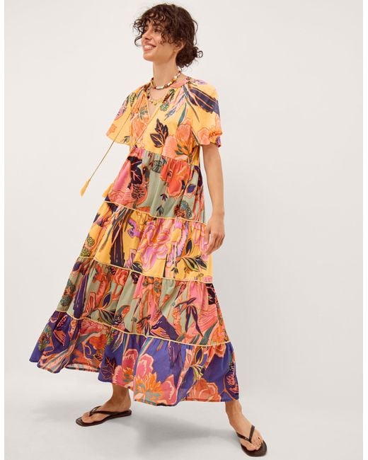 Monsoon White Carmen Floral Tiered Midi Dress Multi