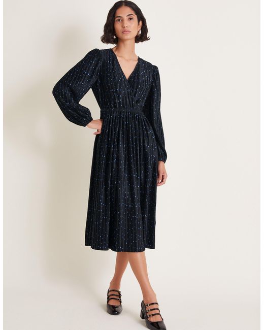 Monsoon Blue Shiloh Plisse Spot Midi Dress Black