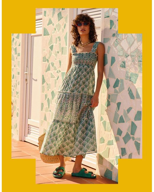 Monsoon Metallic Petite Mendigote Ron Floral Tiered Midi Dress Green