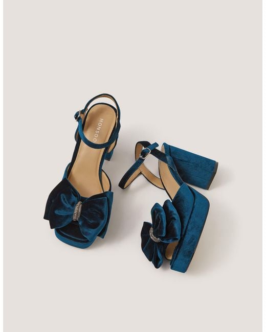 Monsoon Blue Roxi Bow Velvet Platform Heels Teal