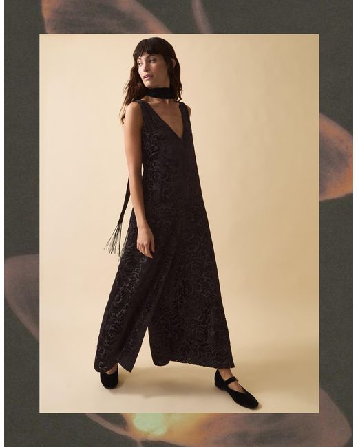 Monsoon Clemence Gigi Velvet Burnout Palazzo Jumpsuit Black