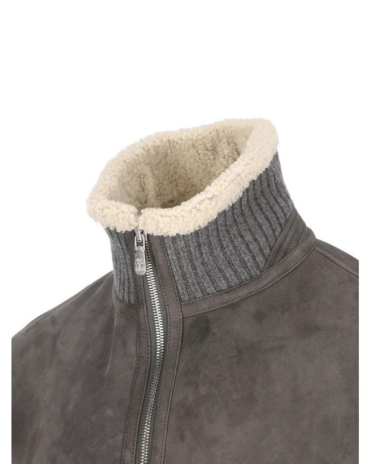 Brunello Cucinelli Gray Leather Bomber With Sheepskin Lining for men
