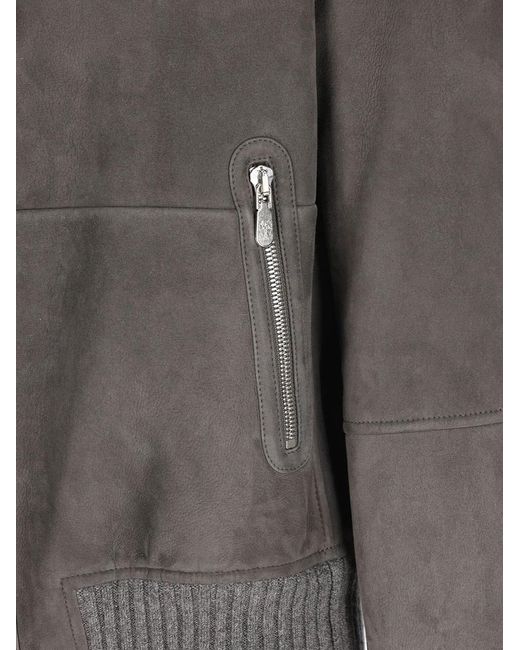 Brunello Cucinelli Gray Leather Bomber With Sheepskin Lining for men