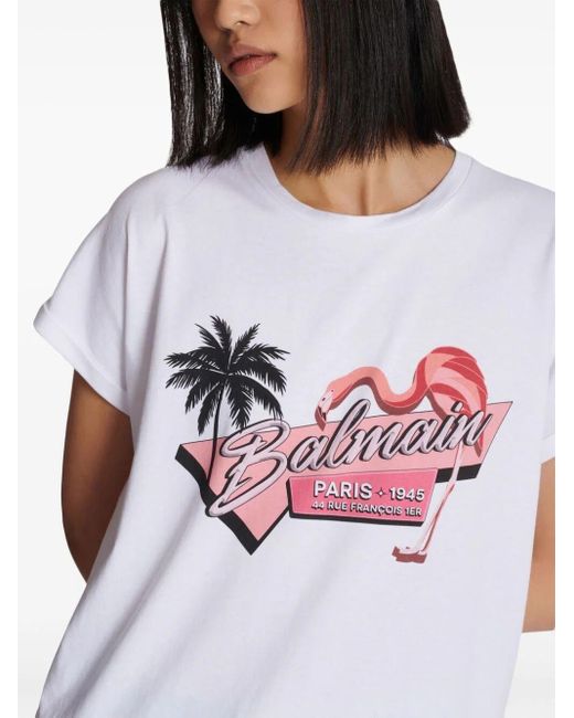 Balmain White Flamingo Print T-Shirt