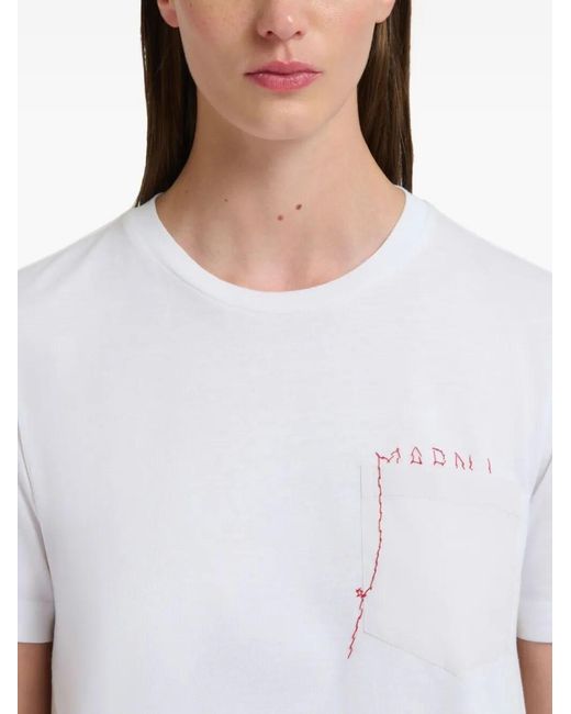 Marni White Cotton T-Shirt With Embroidered Logo