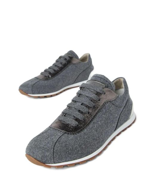 Brunello Cucinelli Gray Virgin Wool Flannel And Lamé Calfskin Runners With Monili Shoes